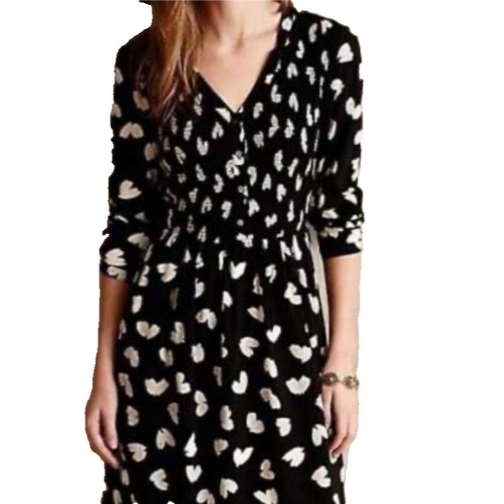 Anthropologie Maeve Dress S Small Cotton Washable Black Crean Hearts Long Sleeve - Picture 3 of 11